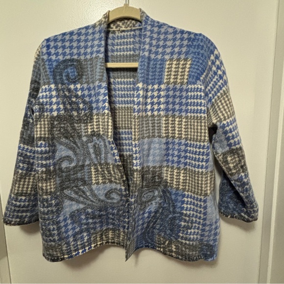 Talbots Sweaters - 100% Merino Wool 3/4 Sleeve Open Cardigan Women's Blue And Tan Talbots